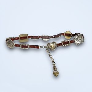 Vintage 1993 Brighton Silver Heart Conchos and Leather Chain Belt SZ M